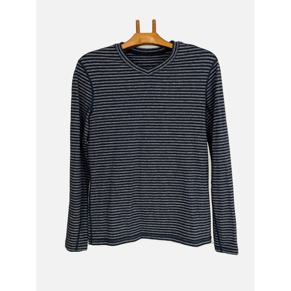 Lululemon Speed Long Sleeve‎ Top Men V Neck Medium Classic Stripe Blue Running
